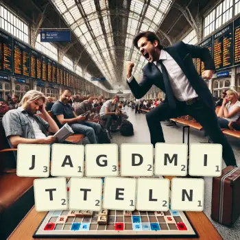 Kreative Illustration für ein Scrabble-Spiel, bei dem das Wort JAGDMITTELN mit Steinen auf dem Brett gelegt wurde.