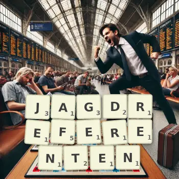 Kreative Illustration für ein Scrabble-Spiel, bei dem das Wort JAGDREFERENTEN mit Steinen auf dem Brett gelegt wurde.