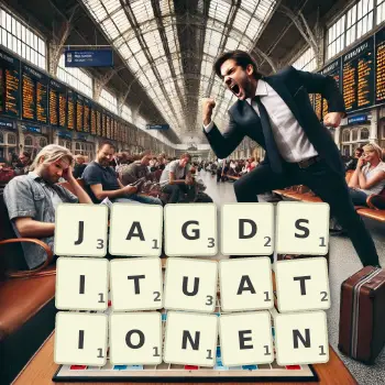 Kreative Illustration für ein Scrabble-Spiel, bei dem das Wort JAGDSITUATIONEN mit Steinen auf dem Brett gelegt wurde.