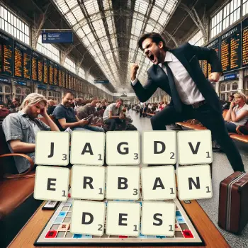Kreative Illustration für ein Scrabble-Spiel, bei dem das Wort JAGDVERBANDES mit Steinen auf dem Brett gelegt wurde.