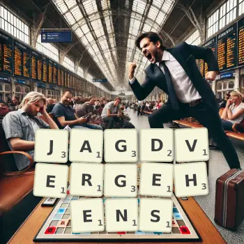 Kreative Illustration für ein Scrabble-Spiel, bei dem das Wort JAGDVERGEHENS mit Steinen auf dem Brett gelegt wurde.
