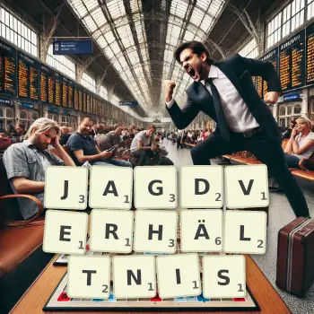 Kreative Illustration für ein Scrabble-Spiel, bei dem das Wort JAGDVERHÄLTNIS mit Steinen auf dem Brett gelegt wurde.