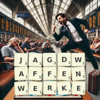 Kreative Illustration für ein Scrabble-Spiel, bei dem das Wort JAGDWAFFENWERKE mit Steinen auf dem Brett gelegt wurde.