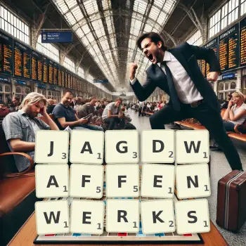 Kreative Illustration für ein Scrabble-Spiel, bei dem das Wort JAGDWAFFENWERKS mit Steinen auf dem Brett gelegt wurde.