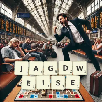 Kreative Illustration für ein Scrabble-Spiel, bei dem das Wort JAGDWEISE mit Steinen auf dem Brett gelegt wurde.
