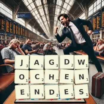 Kreative Illustration für ein Scrabble-Spiel, bei dem das Wort JAGDWOCHENENDES mit Steinen auf dem Brett gelegt wurde.