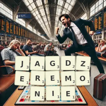 Kreative Illustration für ein Scrabble-Spiel, bei dem das Wort JAGDZEREMONIE mit Steinen auf dem Brett gelegt wurde.