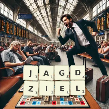 Kreative Illustration für ein Scrabble-Spiel, bei dem das Wort JAGDZIEL mit Steinen auf dem Brett gelegt wurde.