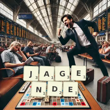 Kreative Illustration für ein Scrabble-Spiel, bei dem das Wort JAGENDE mit Steinen auf dem Brett gelegt wurde.