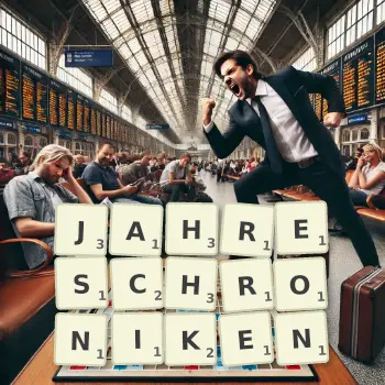 Kreative Illustration für ein Scrabble-Spiel, bei dem das Wort JAHRESCHRONIKEN mit Steinen auf dem Brett gelegt wurde.