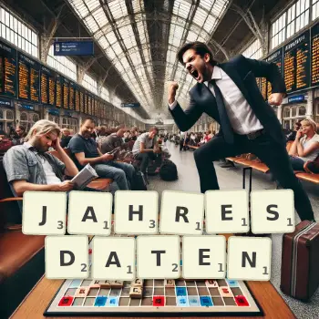 Kreative Illustration für ein Scrabble-Spiel, bei dem das Wort JAHRESDATEN mit Steinen auf dem Brett gelegt wurde.