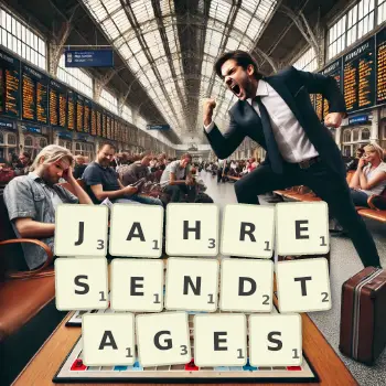 Kreative Illustration für ein Scrabble-Spiel, bei dem das Wort JAHRESENDTAGES mit Steinen auf dem Brett gelegt wurde.