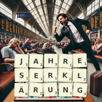 Kreative Illustration für ein Scrabble-Spiel, bei dem das Wort JAHRESERKLÄRUNG mit Steinen auf dem Brett gelegt wurde.