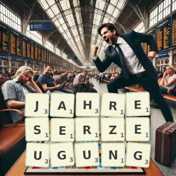 Kreative Illustration für ein Scrabble-Spiel, bei dem das Wort JAHRESERZEUGUNG mit Steinen auf dem Brett gelegt wurde.