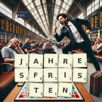 Kreative Illustration für ein Scrabble-Spiel, bei dem das Wort JAHRESFRISTEN mit Steinen auf dem Brett gelegt wurde.