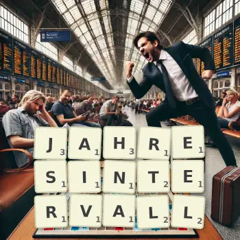 Kreative Illustration für ein Scrabble-Spiel, bei dem das Wort JAHRESINTERVALL mit Steinen auf dem Brett gelegt wurde.