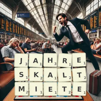 Kreative Illustration für ein Scrabble-Spiel, bei dem das Wort JAHRESKALTMIETE mit Steinen auf dem Brett gelegt wurde.