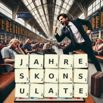 Kreative Illustration für ein Scrabble-Spiel, bei dem das Wort JAHRESKONSULATE mit Steinen auf dem Brett gelegt wurde.