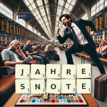 Kreative Illustration für ein Scrabble-Spiel, bei dem das Wort JAHRESNOTE mit Steinen auf dem Brett gelegt wurde.
