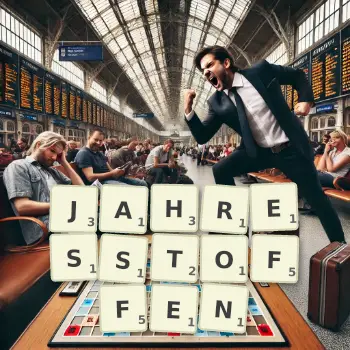 Kreative Illustration für ein Scrabble-Spiel, bei dem das Wort JAHRESSTOFFEN mit Steinen auf dem Brett gelegt wurde.