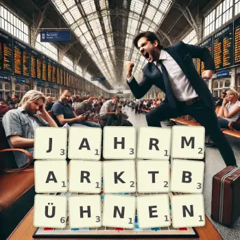 Kreative Illustration für ein Scrabble-Spiel, bei dem das Wort JAHRMARKTBÜHNEN mit Steinen auf dem Brett gelegt wurde.