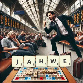 Kreative Illustration für ein Scrabble-Spiel, bei dem das Wort JAHWE mit Steinen auf dem Brett gelegt wurde.