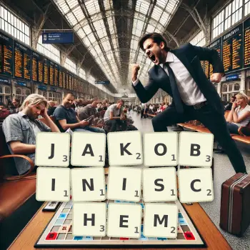 Kreative Illustration für ein Scrabble-Spiel, bei dem das Wort JAKOBINISCHEM mit Steinen auf dem Brett gelegt wurde.