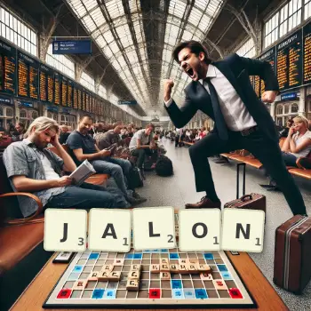 Kreative Illustration für ein Scrabble-Spiel, bei dem das Wort JALON mit Steinen auf dem Brett gelegt wurde.