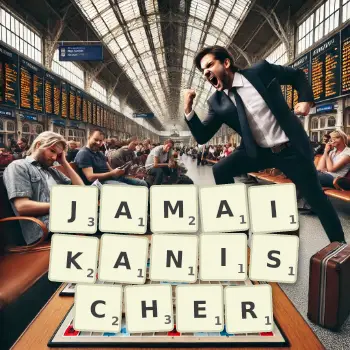 Kreative Illustration für ein Scrabble-Spiel, bei dem das Wort JAMAIKANISCHER mit Steinen auf dem Brett gelegt wurde.