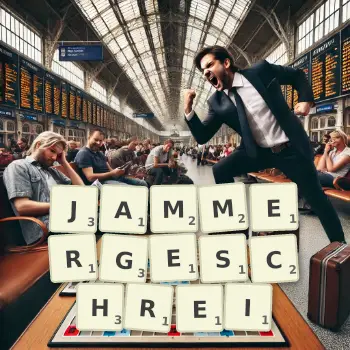 Kreative Illustration für ein Scrabble-Spiel, bei dem das Wort JAMMERGESCHREI mit Steinen auf dem Brett gelegt wurde.