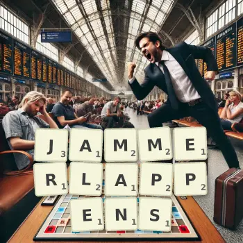 Kreative Illustration für ein Scrabble-Spiel, bei dem das Wort JAMMERLAPPENS mit Steinen auf dem Brett gelegt wurde.