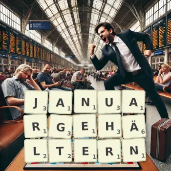 Kreative Illustration für ein Scrabble-Spiel, bei dem das Wort JANUARGEHÄLTERN mit Steinen auf dem Brett gelegt wurde.