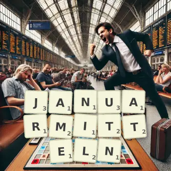 Kreative Illustration für ein Scrabble-Spiel, bei dem das Wort JANUARMITTELN mit Steinen auf dem Brett gelegt wurde.