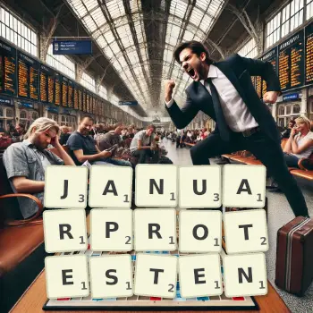 Kreative Illustration für ein Scrabble-Spiel, bei dem das Wort JANUARPROTESTEN mit Steinen auf dem Brett gelegt wurde.