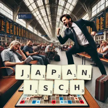 Kreative Illustration für ein Scrabble-Spiel, bei dem das Wort JAPANISCH mit Steinen auf dem Brett gelegt wurde.