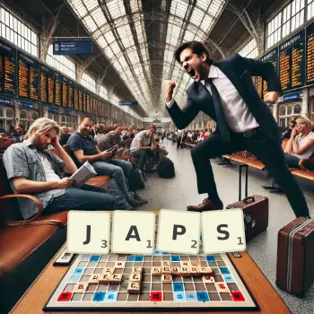 Kreative Illustration für ein Scrabble-Spiel, bei dem das Wort JAPS mit Steinen auf dem Brett gelegt wurde.