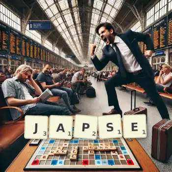 Kreative Illustration für ein Scrabble-Spiel, bei dem das Wort JAPSE mit Steinen auf dem Brett gelegt wurde.