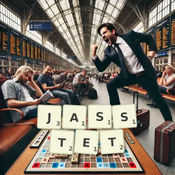 Kreative Illustration für ein Scrabble-Spiel, bei dem das Wort JASSTET mit Steinen auf dem Brett gelegt wurde.