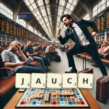 Kreative Illustration für ein Scrabble-Spiel, bei dem das Wort JAUCH mit Steinen auf dem Brett gelegt wurde.