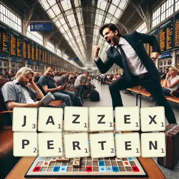 Kreative Illustration für ein Scrabble-Spiel, bei dem das Wort JAZZEXPERTEN mit Steinen auf dem Brett gelegt wurde.