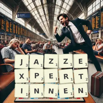 Kreative Illustration für ein Scrabble-Spiel, bei dem das Wort JAZZEXPERTINNEN mit Steinen auf dem Brett gelegt wurde.