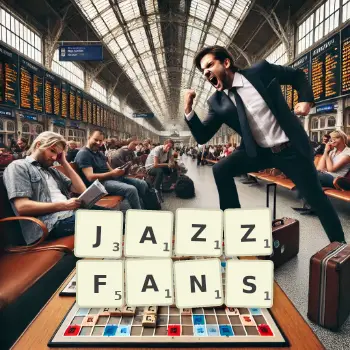 Kreative Illustration für ein Scrabble-Spiel, bei dem das Wort JAZZFANS mit Steinen auf dem Brett gelegt wurde.