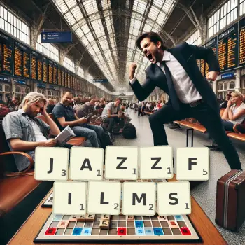 Kreative Illustration für ein Scrabble-Spiel, bei dem das Wort JAZZFILMS mit Steinen auf dem Brett gelegt wurde.