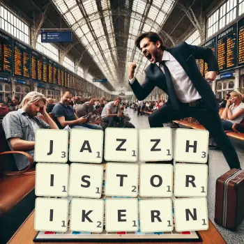 Kreative Illustration für ein Scrabble-Spiel, bei dem das Wort JAZZHISTORIKERN mit Steinen auf dem Brett gelegt wurde.