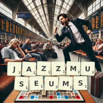 Kreative Illustration für ein Scrabble-Spiel, bei dem das Wort JAZZMUSEUMS mit Steinen auf dem Brett gelegt wurde.