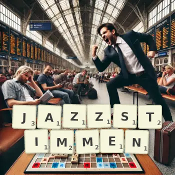 Kreative Illustration für ein Scrabble-Spiel, bei dem das Wort JAZZSTIMMEN mit Steinen auf dem Brett gelegt wurde.