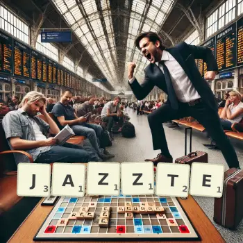 Kreative Illustration für ein Scrabble-Spiel, bei dem das Wort JAZZTE mit Steinen auf dem Brett gelegt wurde.