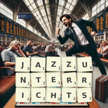 Kreative Illustration für ein Scrabble-Spiel, bei dem das Wort JAZZUNTERRICHTS mit Steinen auf dem Brett gelegt wurde.