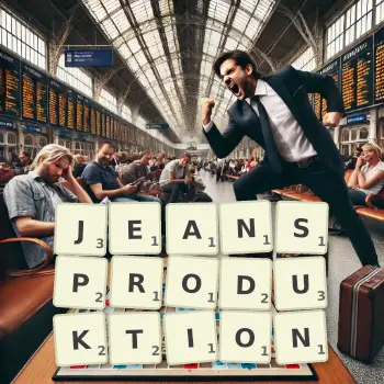 Kreative Illustration für ein Scrabble-Spiel, bei dem das Wort JEANSPRODUKTION mit Steinen auf dem Brett gelegt wurde.