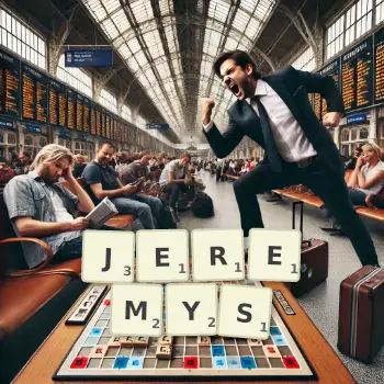 Kreative Illustration für ein Scrabble-Spiel, bei dem das Wort JEREMYS mit Steinen auf dem Brett gelegt wurde.